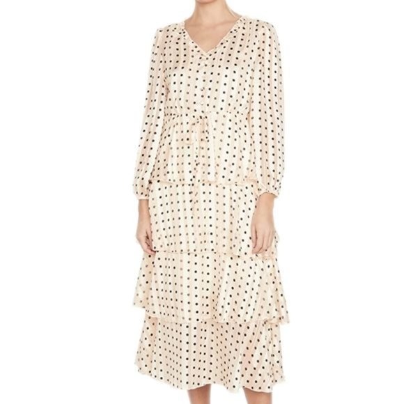 OPT Free People Tiered Dress Ivory Black Polka Dot Metallic Stripe - Picture 2 of 13